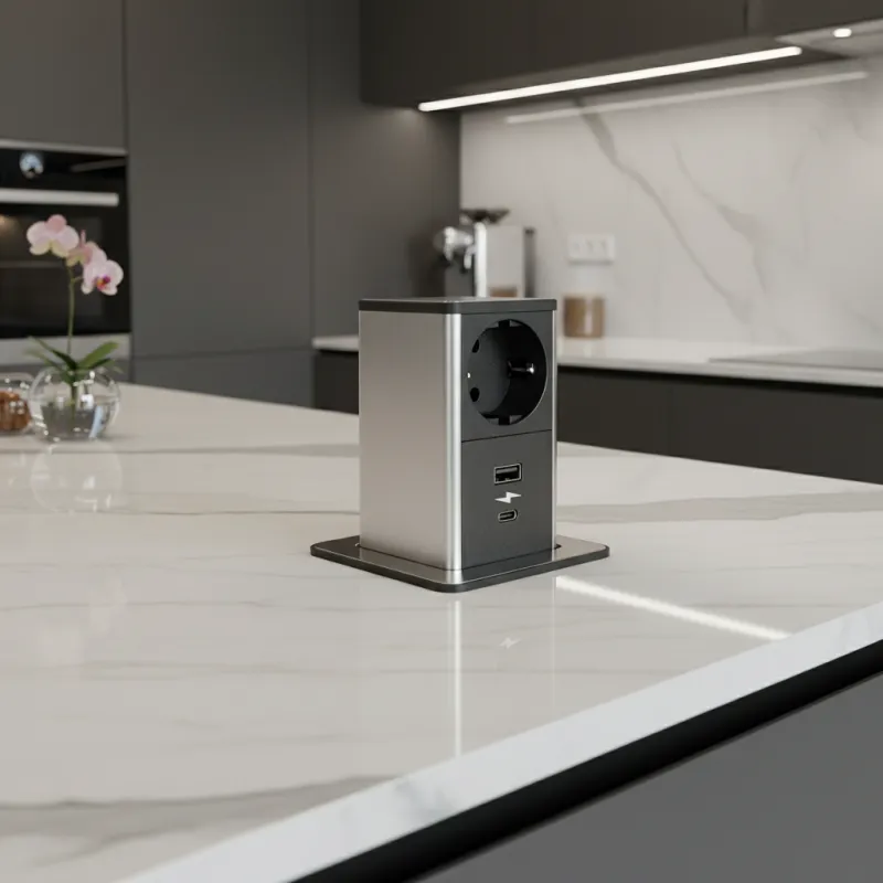 Izvlačna utičnica SQUARE UP SCHUKO 1x230V + USB A-C / Nehrđajući čelik