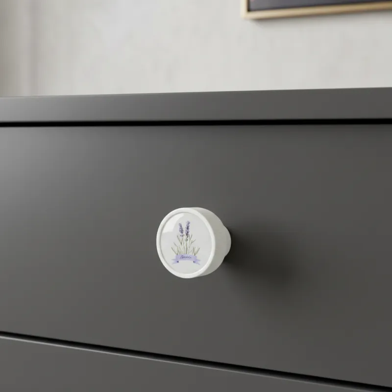 Drvena ručka knopka ARSIA / Bijela - motiv lavanda