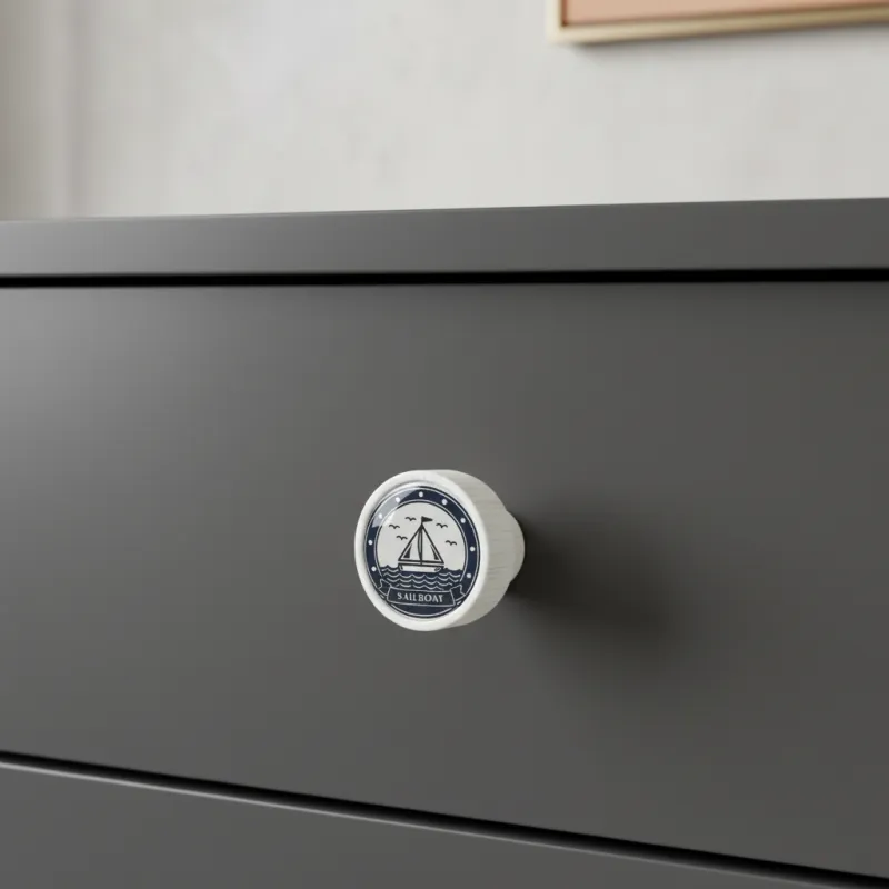 Drvena ručka knopka ARSIA / Bijela - motiv brodić
