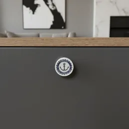 Drvena ručkica knopka ARSIA / Bijela - motiv sidro