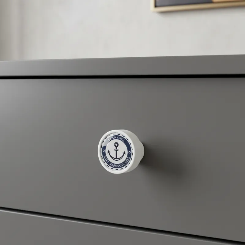 Drvena ručkica knopka ARSIA / Bijela - motiv sidro