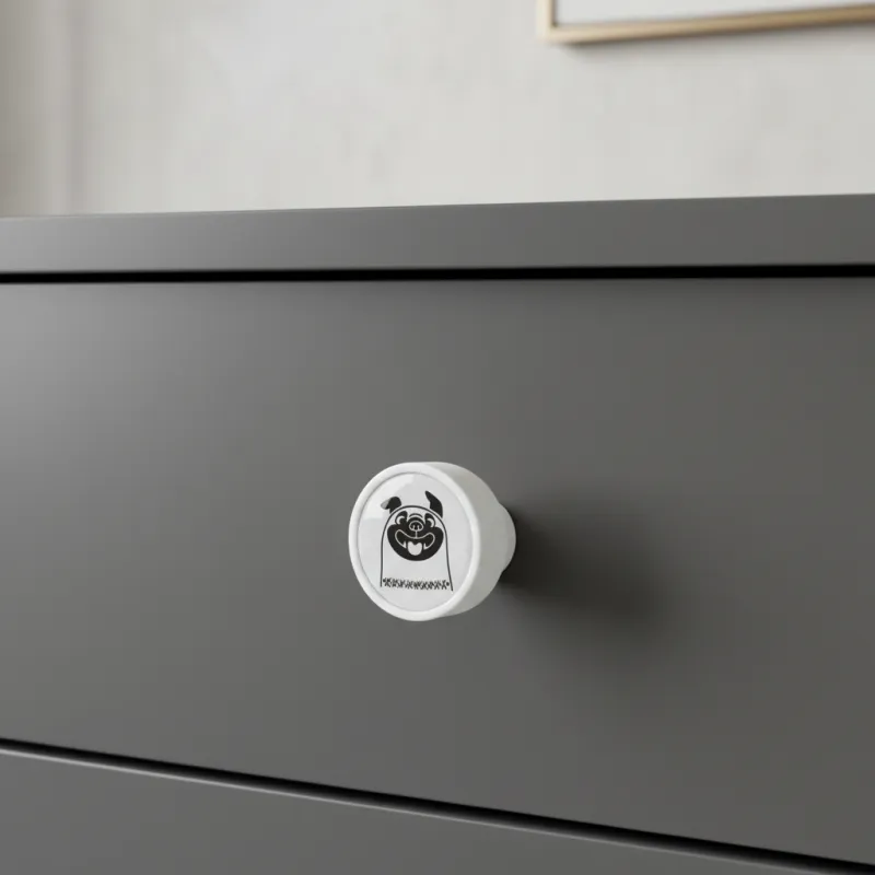 Drvena ručkica knopka ARSIA / Bijela - motiv buldog