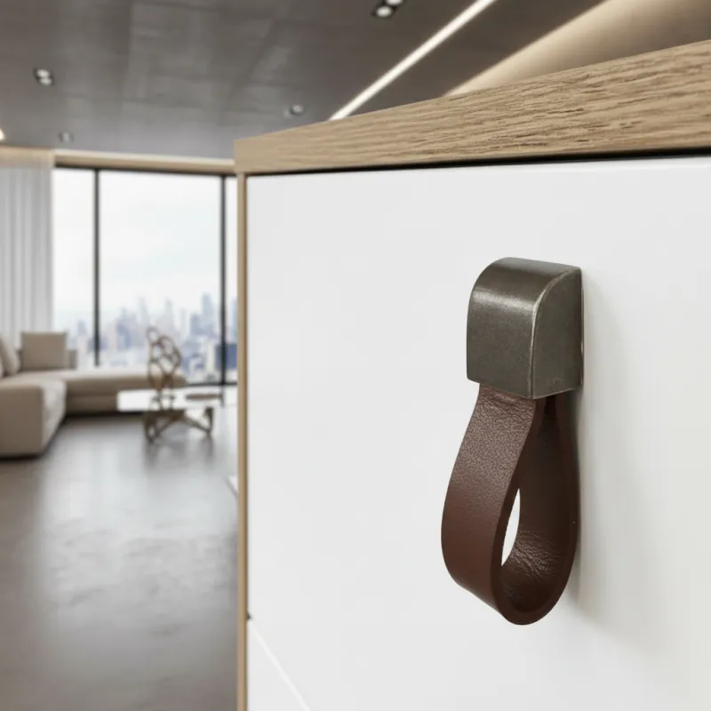 Kožnata ručka gumb LEATY / Starosrebrna - smeđa koža