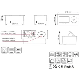 Izvlačna električna utičnica 1x230V + USB punjenje A-C / Bijela mat