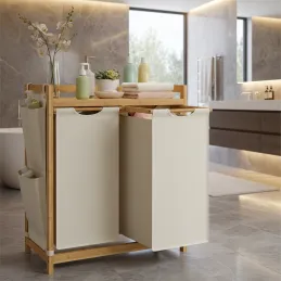 Košara za rublje SPA HARMONY DUO / Bijela + prirodno drvo