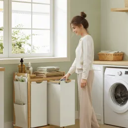 Košara za rublje SPA HARMONY DUO / Bijela + prirodno drvo