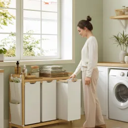 Košara za rublje SPA HARMONY TRIO / Bijela + prirodno drvo