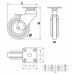 Namještajni kotačić bez kočnice NOVA / Krom - siva