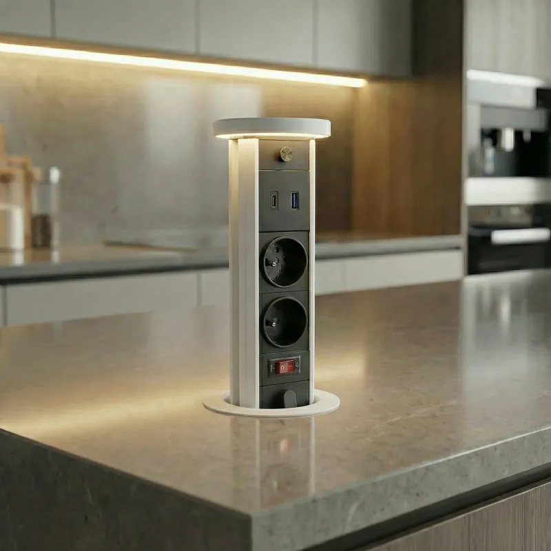 Izvlačna utičnica LEGIA FRENCH 2x230V + USB A-C + svjetlo / Bijela mat