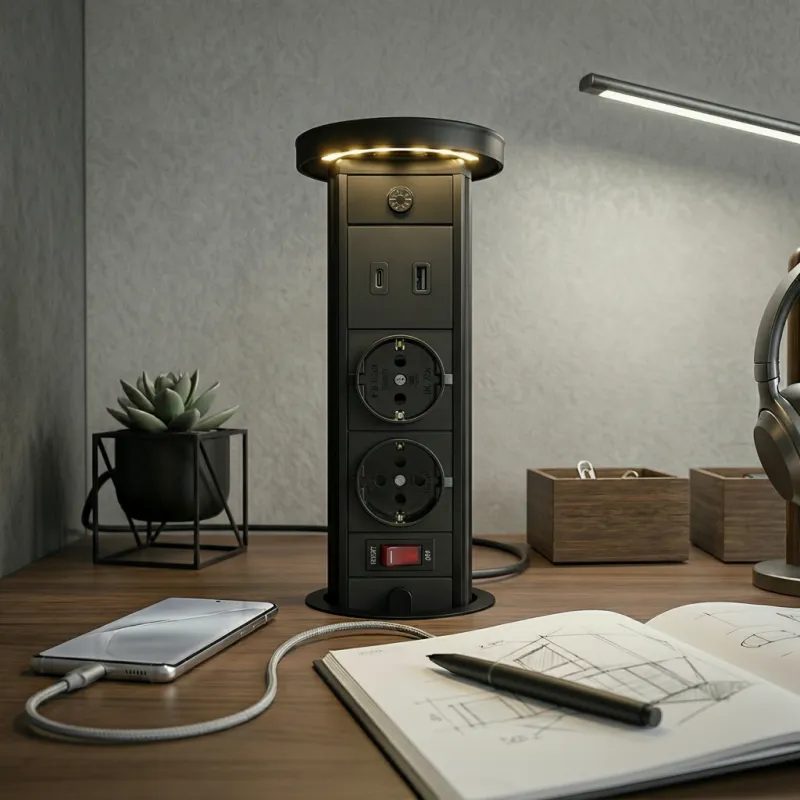 Izvlačna utičnica LEGIA SCHUKO 2x230V + USB A-C + svjetlo / Crna mat