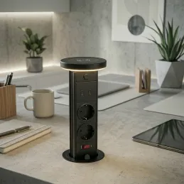 Izvlačna utičnica LEGIA SCHUKO 2x230V + USB A-C + svjetlo / Crna mat