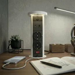 Izvlačna utičnica LEGIA SCHUKO 2x230V + USB A-C + svjetlo / Bijela mat