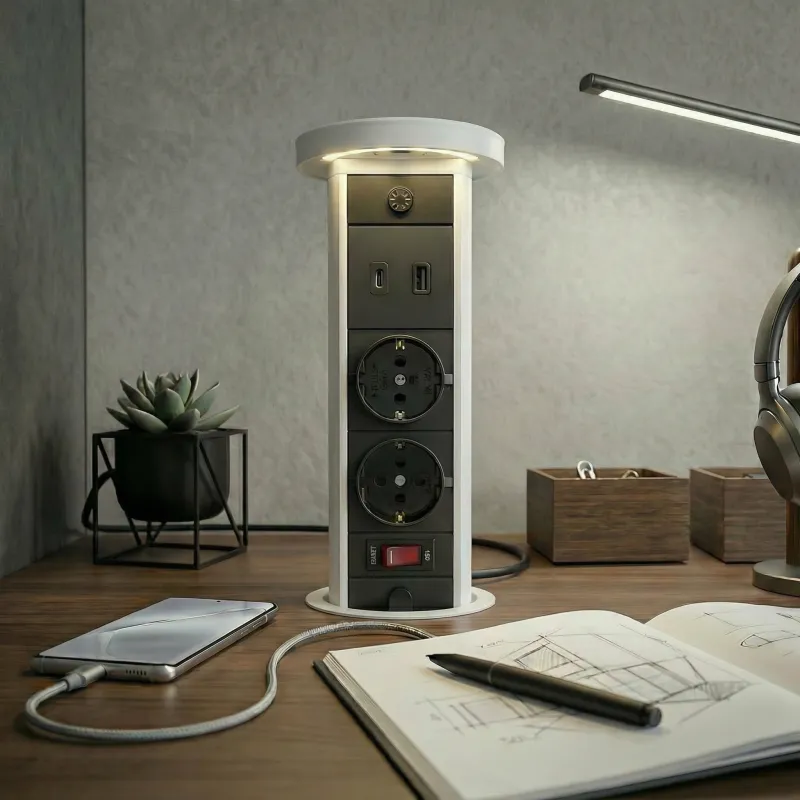 Izvlačna utičnica LEGIA SCHUKO 2x230V + USB A-C + svjetlo / Bijela mat