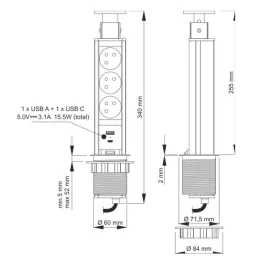 Izvlačiva električna utičnica ASTRA FRENCH 3x230V + 2x USB punjenje / Aluminij