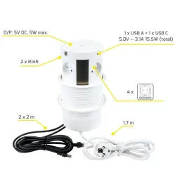 Izvlačna električna utičnica MULTIBOX 4x 230V + 2x USB + 2x RJ45 / Bijela