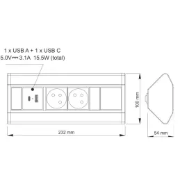 Unutarnja utičnica CORNER FRENCH 2x 230V +2x USB / Crna - nehrđajući čelik