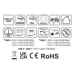 Električna utičnica SLIDE 1x230V + 2xUSB FRANCUSKA / Nehrđajući čelik