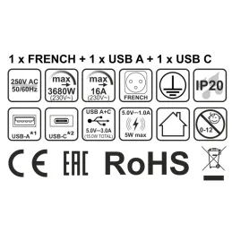 Unutarnja utičnica za stol LUPO FRENCH 1x230V + USB A/C - Crna