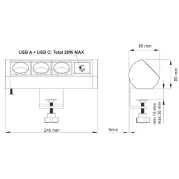 Električna utičnica OFFICE 3x230V + 1xUSB C+A FRANCUSKA / Crna mat