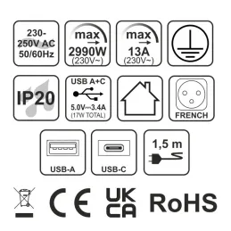 Električna utičnica EUROBOX 2x230V + 1xUSB C+A FRANCUSKA / Crna mat