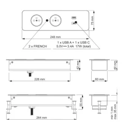 Električna utičnica EUROBOX 2x230V + 1xUSB C+A FRANCUSKA / Crna mat