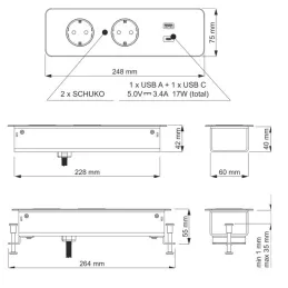 Električna utičnica EUROBOX 2x230V + 1xUSB C+A SCHUKO / Crna mat