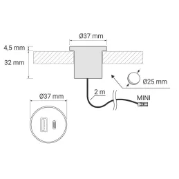 Unutarnja 2 x USB A-C punjač za stol 25mm PLUGY / Crna mat