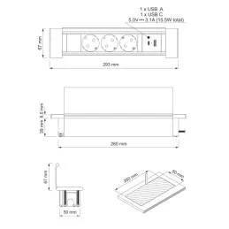 Unutarnja utičnica SLIM BOX SCHUKO 3x 230V + USB / Nehrđajući čelik