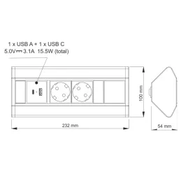 Unutarnja kutna utičnica CORNER SCHUKO 2x 230V + USB A-C / Nehrđajući čelik