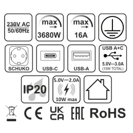 Automatska izvlačiva električna utičnica ASTRA SCHUKO 3x230V + 2xUSB A-C / Crna