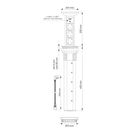 Automatska izvlačiva električna utičnica ASTRA SCHUKO 3x230V + 2xUSB A-C / Crna