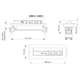 Izvlačna utičnica AMBIENTE SCHUKO 3x230V + USB A-C / Crna mat