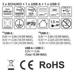 Izvlačna utičnica AMBIENTE SCHUKO 3x230V + USB A-C / Crna mat