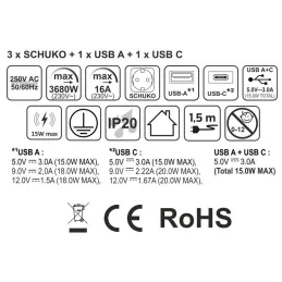 Automatska izvlačna utičnica AMBIENTE SCHUKO 3x230V + USB A-C s osvjetljenjem i punjenjem / Crno staklo