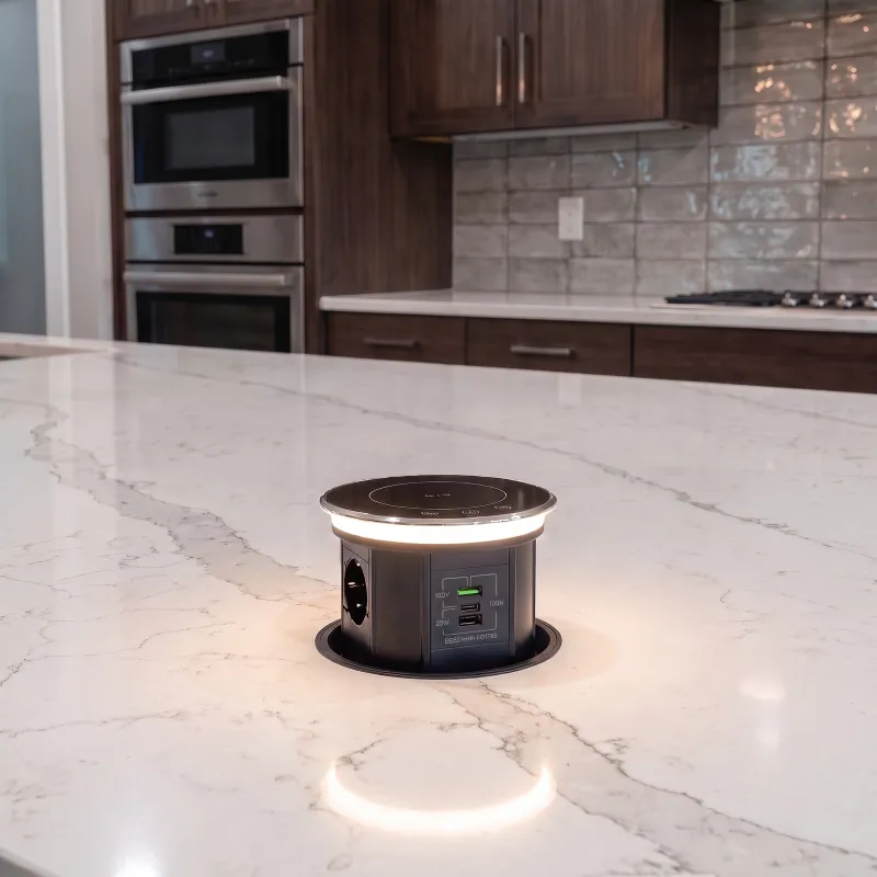 Automatska izvlačna utičnica AMBIENTE SCHUKO 3x230V + USB A-C s osvjetljenjem i punjenjem / Crno staklo