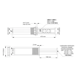 Izvlačna utičnica AVION SCHUKO 2x230V + USB A-C i indukcijsko punjenje / Crna mat