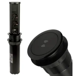 Izvlačna utičnica AVION SCHUKO 2x230V + USB A-C i indukcijsko punjenje / Crna mat