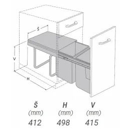 Izvlačni kantu za smeće 450 mm - 2x20L s držačima vrata / Siva