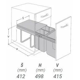 Izvlačna košara 450 mm -  1x20L + 2x10L s pričvršćivačima za vrata / Siva