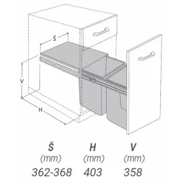 Izvlačna kanta za otpad 400 mm - 2x16L s držačima za vrata / Siva