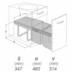 Izvlačni otpadni koš 400 mm - 2x15L s držačima vrata / Siva