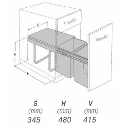 Izvlačni koš za smeće 400 mm - 2x20L s držačima za vrata / Siva