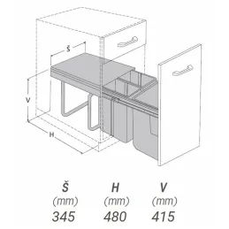 Izvlačna kanta za otpad 400 mm - 2x10L + 1x20L s ručkama za vrata / Siva