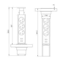 Izvlačna električna utičnica 3x230V + 2x USB punjenje / Crna