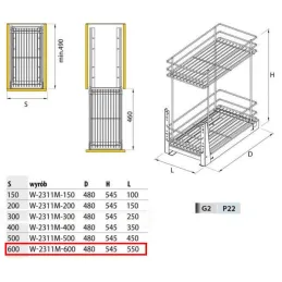Izvlačna dvostruka kanta s povratnim mehanizmom / Siva